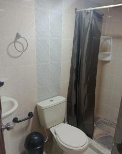 a bathroom with a toilet and a shower and a sink at El Recuerdo de Paipa, Boyacá, Colombia in El Manzano