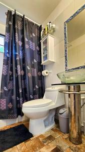Encantadora Casa con Balcón a Pasos del Mar في لاس كروسيس: حمام مع مرحاض وستارة دش