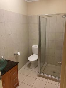 a bathroom with a toilet and a glass shower at Black Wattle Bungalow 30 Lake Bennett in Lake Bennett