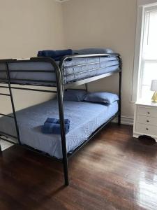 a black bunk bed in a room with a wooden floor at North Chicago Spacious Home in Chicago +9 photos