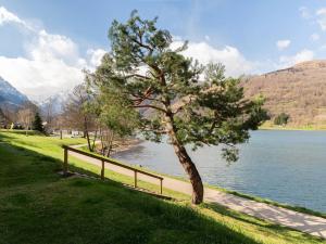 a tree next to a fence next to a lake at Appartement 6 pers. à Loudenvielle avec Wifi, proche Skyvall - FR-1-695-93 in Loudenvielle