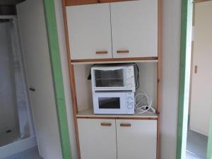 a microwave sitting on top of a shelf in a kitchen at Chalet confortable avec terrasse et jardin - API-1-52-889 in La Chapelle