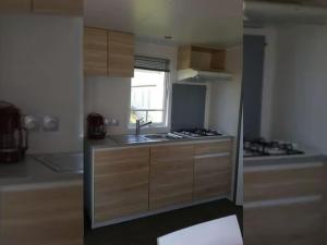 Η κουζίνα ή μικρή κουζίνα στο Mobile-home avec terrasse à Tréguennec, parfait pour 4 personnes - API-1-52-928 +24 φωτογραφίες