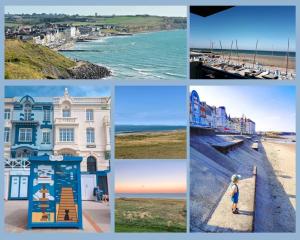 Un collage de fotografías de la playa y los edificios. en Belle maison proche de la mer, en Wimille