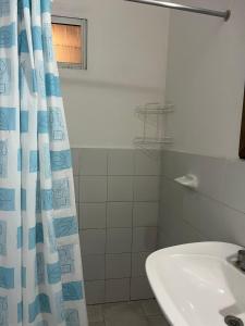 サンタ・テレシータにあるLo de Nelly en Santa Teresita Pta Bajaのシャワーカーテンと洗面台付きのバスルーム