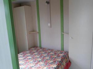 a small bedroom with a bed and green and white walls at Chalet 27m² avec Terrasse pour 5 personnes - API-1-52-999 in La Chapelle +19 photos