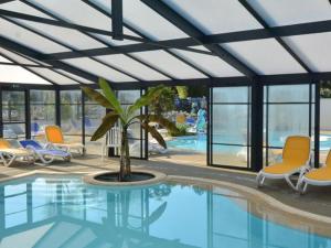 ein Pool mit Stühlen und einer Palme in einem Gebäude in der Unterkunft Mobil home confortable avec terrasse - API-1-52-1015 in Port Blanc