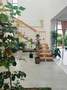a hallway with stairs and potted plants in a building at Green Courtyard Luxury Villa in Badlapur