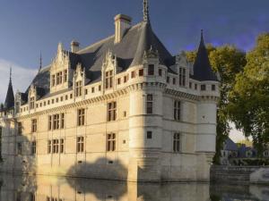 a large white castle with a reflection in the water at Mobil-home confortable avec terrasse - API-1-52-1100 in Luynes