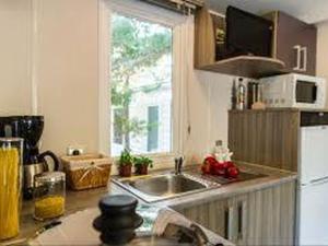 a kitchen with a sink and a microwave and a window at Mobil-home avec terrasse à Luynes - API-1-52-1072 in Luynes +23 photos