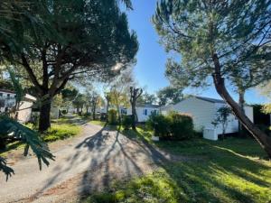 eine Straße mit Bäumen und einem weißen Haus in der Unterkunft Chalet à Saint-Pierre-d'Oléron avec Terrasse - API-1-52-1111 in Dolus d'Oléron