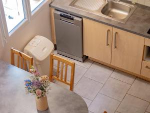 a kitchen with a sink and a table with a toilet at Gîte confortable avec terrasse à Salavas - API-1-52-1143 in Vallon-Pont-dʼArc +14 photos