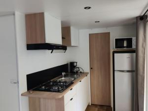 Mobil Home avec Terrasse - 4 personnes - API-1-52-1165 في Saint-Rome-de-Tarn: مطبخ صغير مع موقد وثلاجة