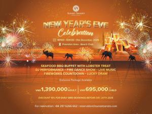 a poster for a new years eve celebration with fireworks at Sunset Sanato Resort & Villas in Phu Quoc