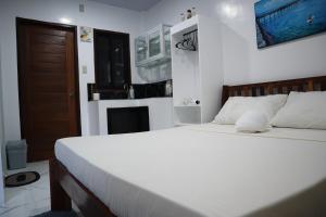 una camera da letto con un letto bianco e un camino di Jmt Star's Inn a General Luna Altre 26 foto