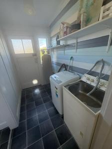 Hawke's Bay Escape - Railway Cottage في هاستينغز: مطبخ صغير مع مغسلة وغسالة ملابس