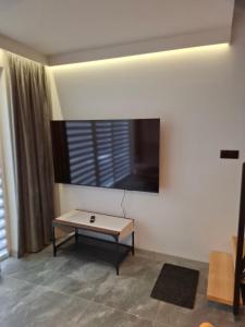 a living room with a coffee table and a flat screen tv at TINY HOUSE domek do wynajęcia in Olsztyn