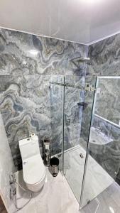 ein Badezimmer mit Toilette und Glasdusche in der Unterkunft Vella Elegant Hotel in Andijon