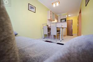 a small room with a table and a dining room at Apartament Grey w spokojnej okolicy in Karpacz