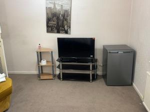 a living room with a flat screen tv and a trash at Komegloba Exquisite room in Manchester