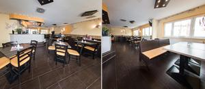 zwei Bilder eines Restaurants mit Tischen und Stühlen in der Unterkunft Hollis Rast in Sangerhausen