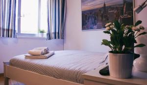 een slaapkamer met een bed met een plant op een tafel bij La Villetta di Cefalù in Cefalù +38 foto's