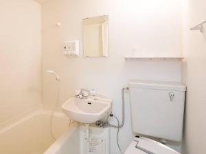 Un baño blanco con inodoro y lavabo. en Comfort Inn Yokaichi, en Higashiomi