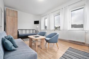 ein Wohnzimmer mit Sofa und Tisch in der Unterkunft Apartmán U Dubu in Jablonné nad Orlicí