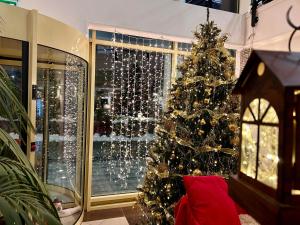 ein Weihnachtsbaum in einem Zimmer mit Fenster in der Unterkunft Calimbra Wellness Hotel Superior in Miskolctapolca