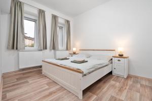ein weißes Schlafzimmer mit einem Bett und zwei Fenstern in der Unterkunft Apartmán U Dubu in Jablonné nad Orlicí