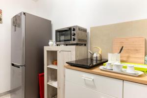 Adua Luxury Apartment في تارانتو: مطبخ مع كونتر مع ميكروويف وثلاجة