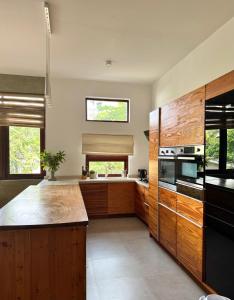 a kitchen with wooden cabinets and a counter top at Luxe Hideaway in Colombo