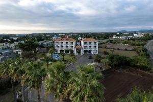 an aerial view of a large white building with palm trees at Jeju Daonjae Sagye Branch in Seogwipo