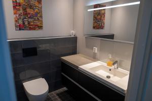 un bagno con lavandino, WC e specchio di Aurinkorinne 10 a Kalajoki Altre 20 foto