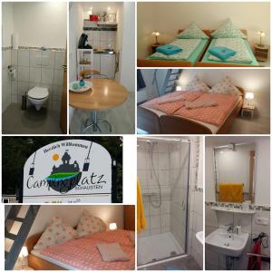 eine Collage mit Fotos eines Zimmers mit einem Bett und einem Badezimmer in der Unterkunft Pension Camping Schausten in Cochem
