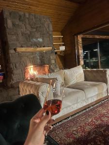 a person holding a glass of wine in front of a couch at Kosmajska Bajka in Rogača