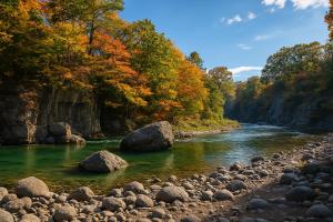 a river with rocks and trees in the background at 秋保木の家ロッジ村 in Sendai