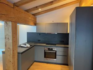 a kitchen with stainless steel appliances and wooden ceilings at Panorama Quartier Seefeld in Seefeld in Tirol