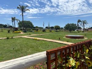 Una terraza con vista a un parque con palmeras. en Remi's B & B and SPA, en Pretoria