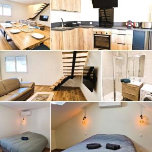 eine Collage mit Fotos von einer Küche und einem Wohnzimmer in der Unterkunft Appartement 3 chambres in Montceau-les-Mines
