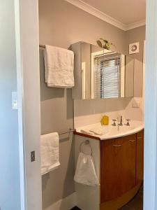 デロレインにあるHeart of Deloraineの洗面台と鏡のあるバスルーム