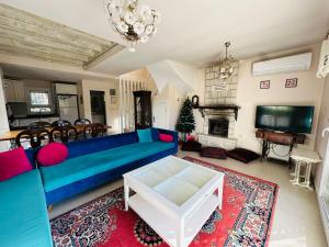 切什梅Evalacati - Villa Palma-Tamamen Müstakil Villa的客厅里有一张蓝色沙发和一台电视