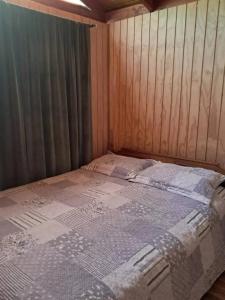 een bed in een kamer met een houten wand bij Cabañas Armerillo in Colbún Alto +6 foto's
