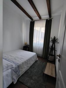 a bedroom with a bed and a window with a plant at T38 Apartment, Vatra Dornei in Vatra Dornei