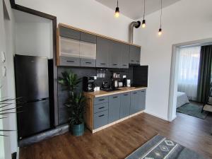 a kitchen with gray cabinets and a counter with a refrigerator at T38 Apartment, Vatra Dornei in Vatra Dornei