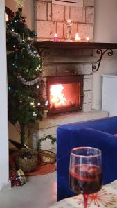 切什梅Evalacati - Villa Palma-Tamamen Müstakil Villa的壁炉前摆放着一棵圣诞树和一杯葡萄酒。