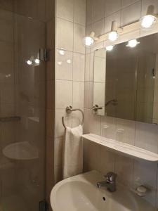 un baño con lavabo y espejo en Hotel Gästehaus Gross, en Aschheim