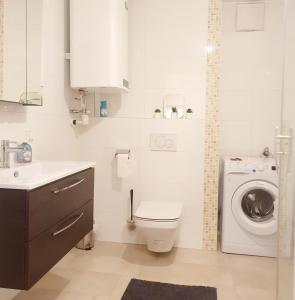 a white bathroom with a toilet and a washing machine at BohoNest Mariatrost - Erdgeschoss, Basilika kostenloser Parkplatz in Größing