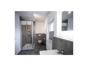 a bathroom with a shower and a sink and a toilet at Q-Stall, Apartment 05 in Brilon +29 photos