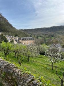 a field with trees and a building in the background at Gite Entre Causse et Vallon, tout confort pour 4 personnes dans grange rénovée au coeur de l'Aveyron in Salles-la-Source
